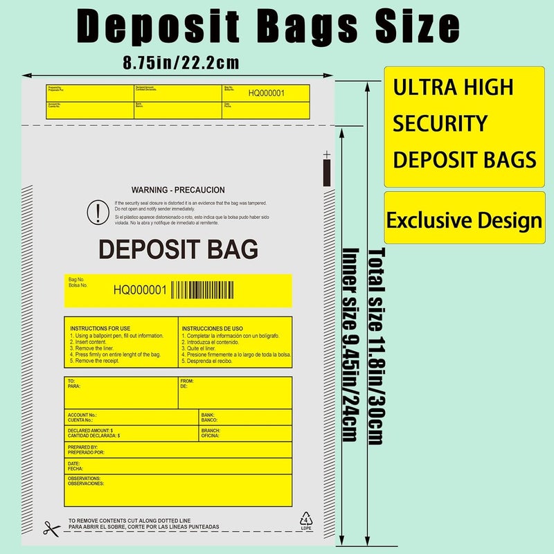 Seadasyoon Plastic Deposit Bags 100 Pack 9''x12'', Opaque Security Bank Deposits,Cash register,Money bag for Cash,Bank Pocket,Tamper-Evident,Unique Barcode - Image 2